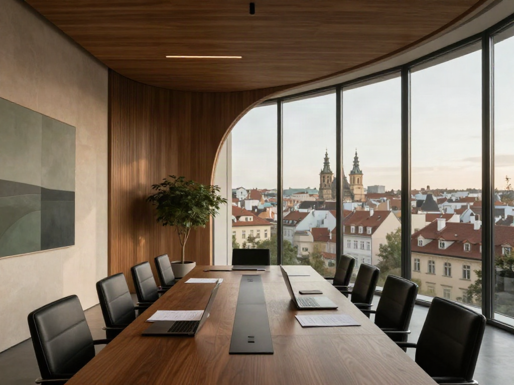 Warm, sunlit boardroom overlooking the rooftops of Prague